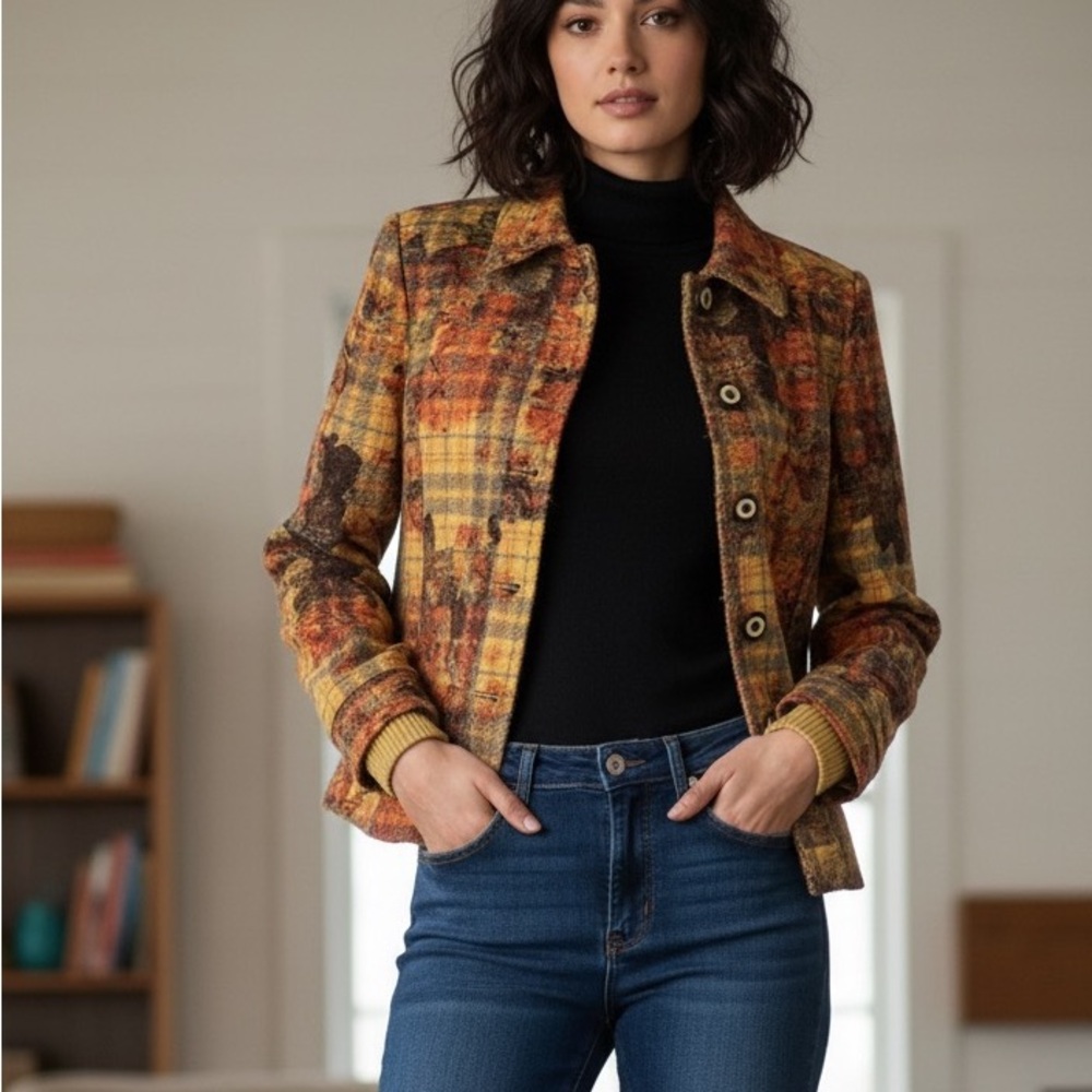ST. JOHN SPORT by Marie Gray Orange Yellow Floral Plaid Autumn Wool‎ Jacket P